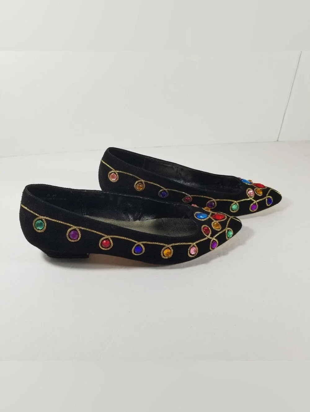 J. Renee Black Suede Bejeweled Low Heels Women's 8M Gold Trim